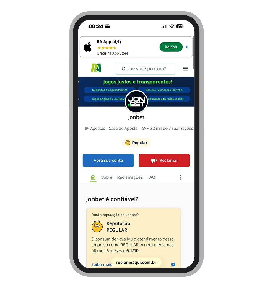 A página da Jonbet no site Reclame Aqui