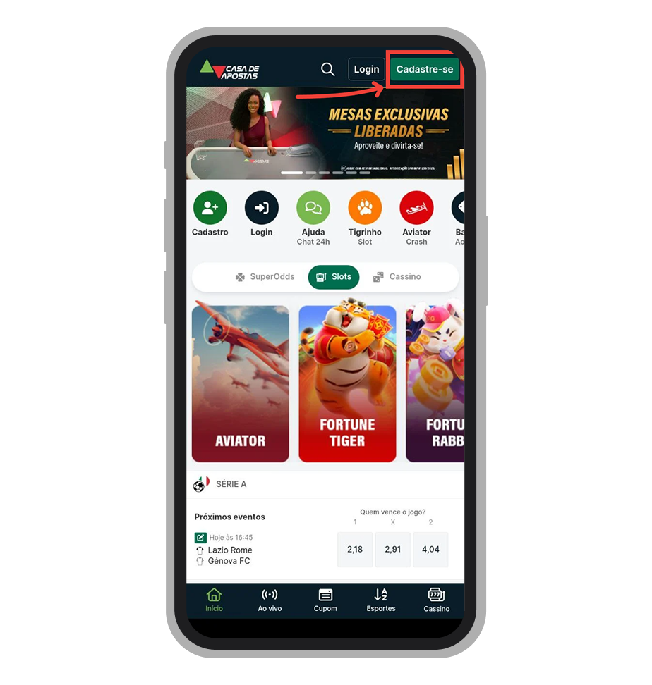 Clique no botão verde "Cadastre-se" na tela inicial do app