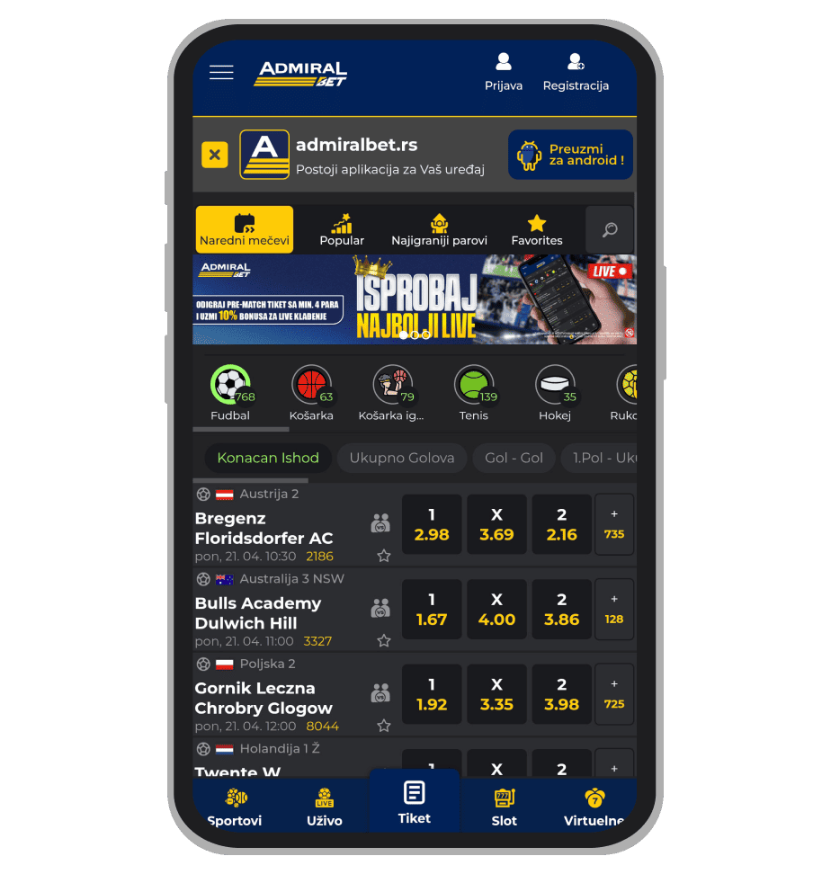 AdmiralBet linkovi za download aplikacije