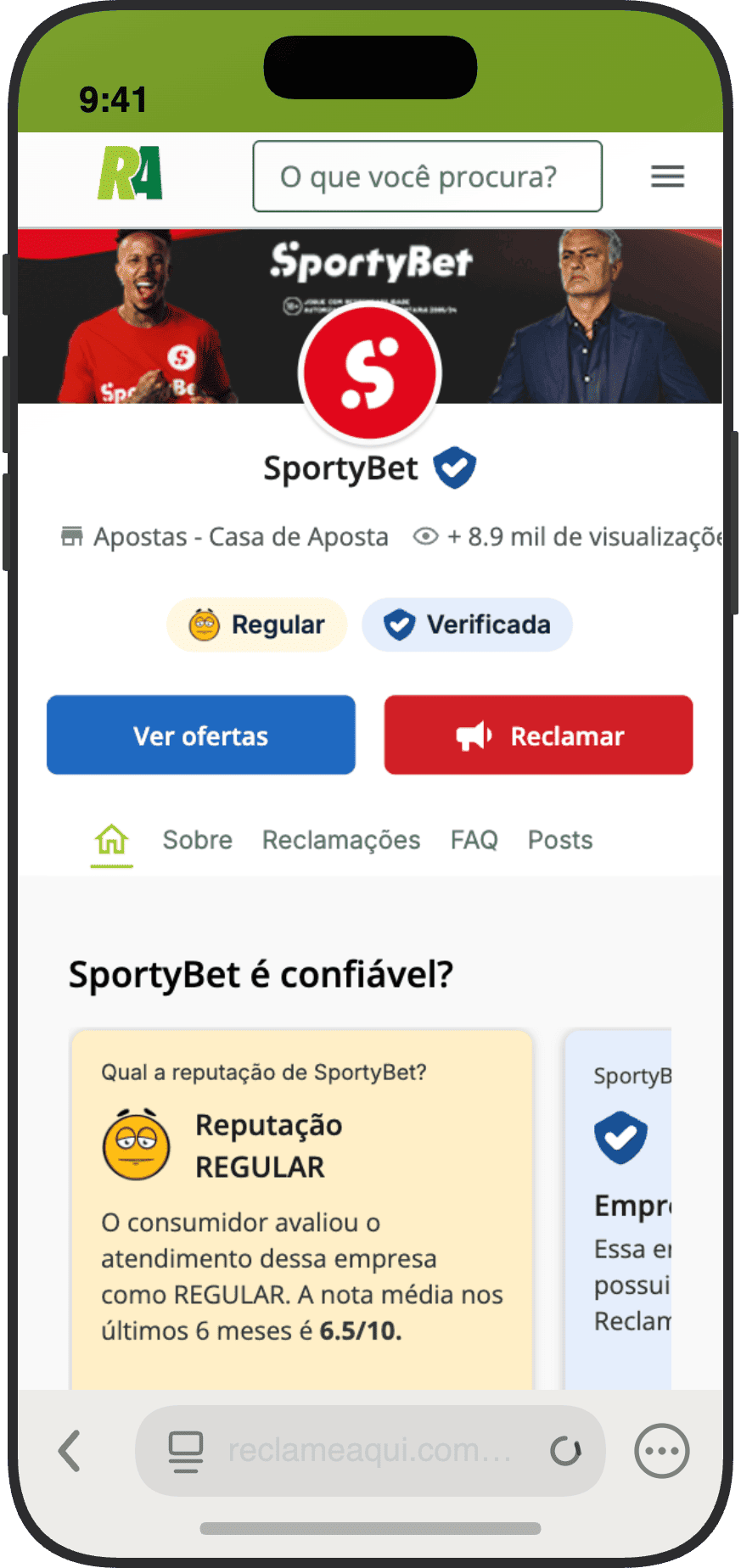 Pagina da SportyBet no Reclame Aqui com reputacao Regular, nota 6,5 de 10 e empresa verificada