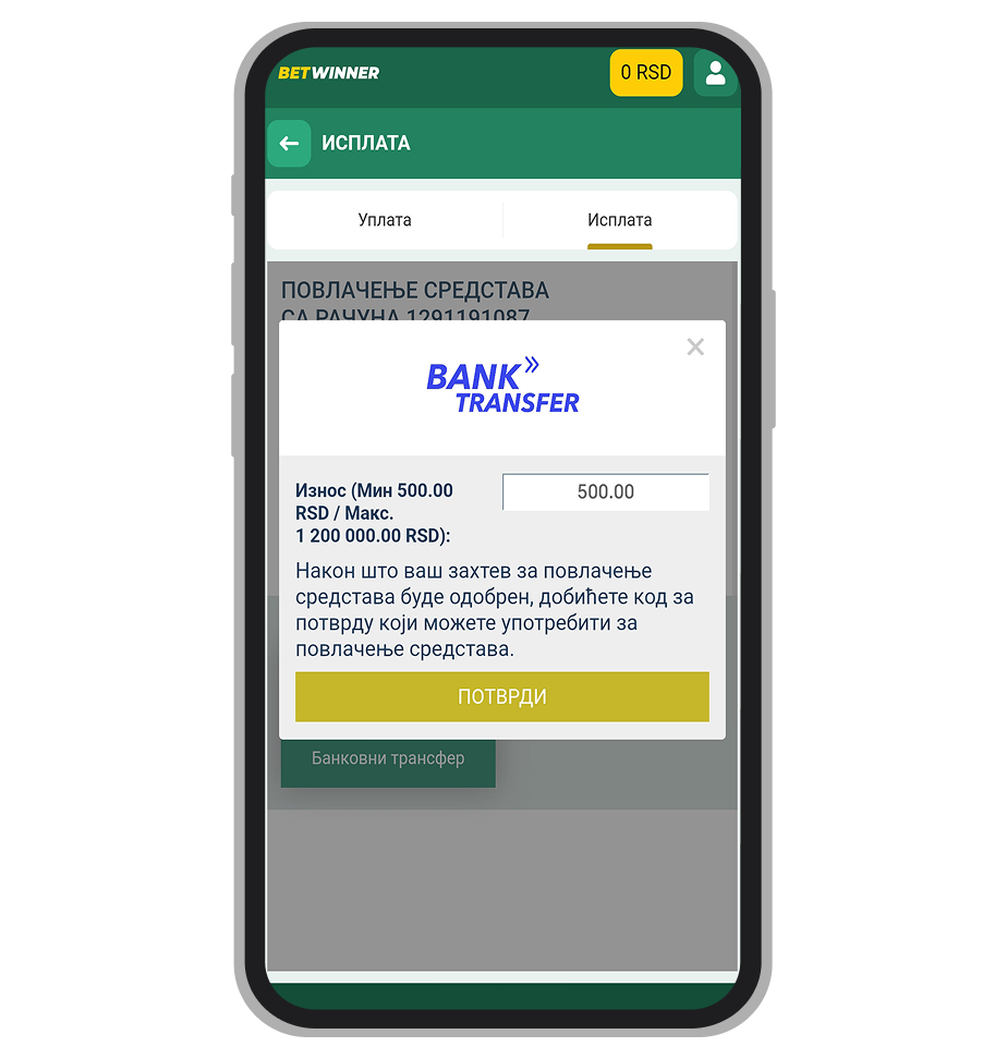 BetWinner bankovni transfer