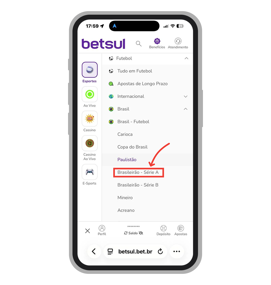 Selecione esporte, país e liga 