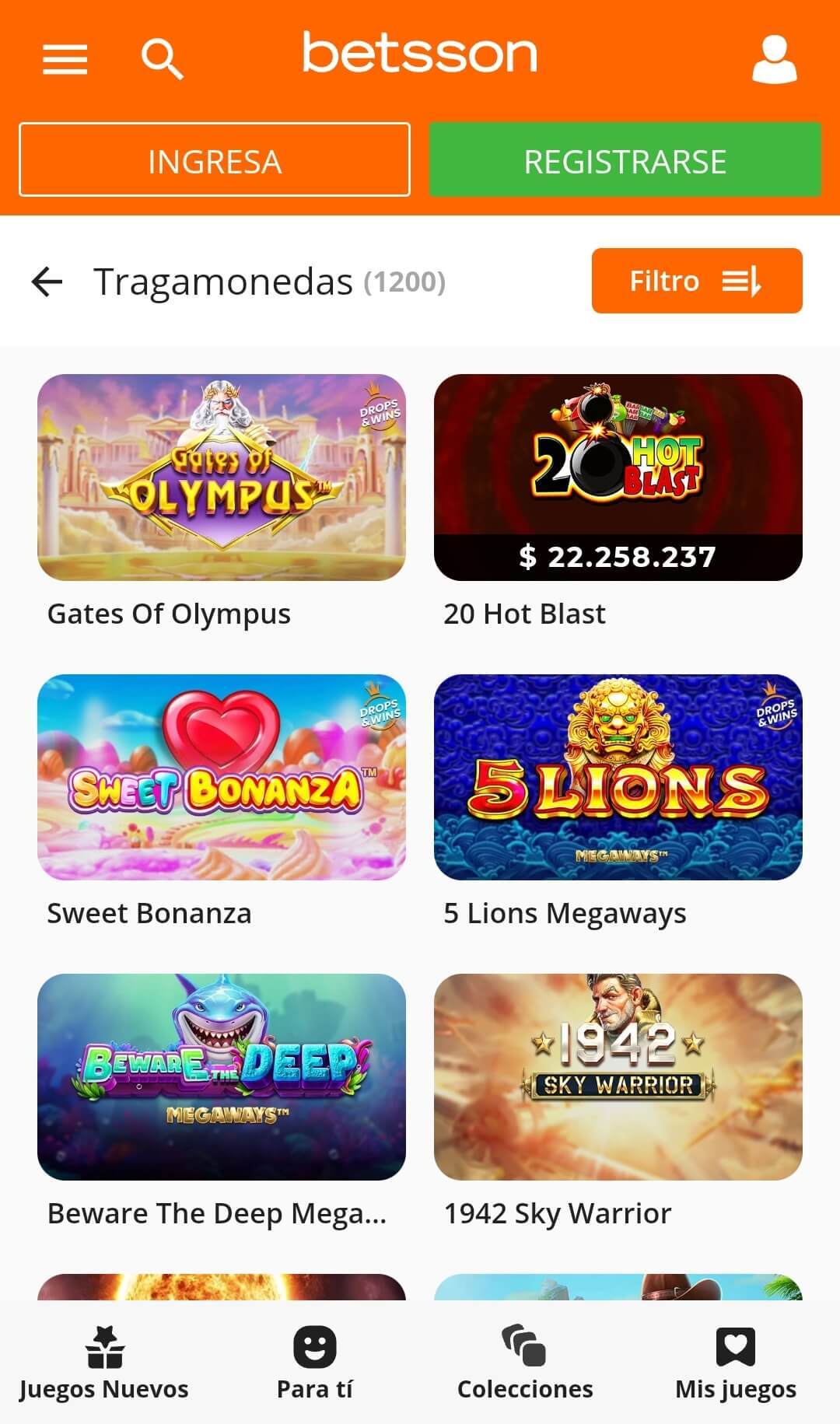 Sección de slots