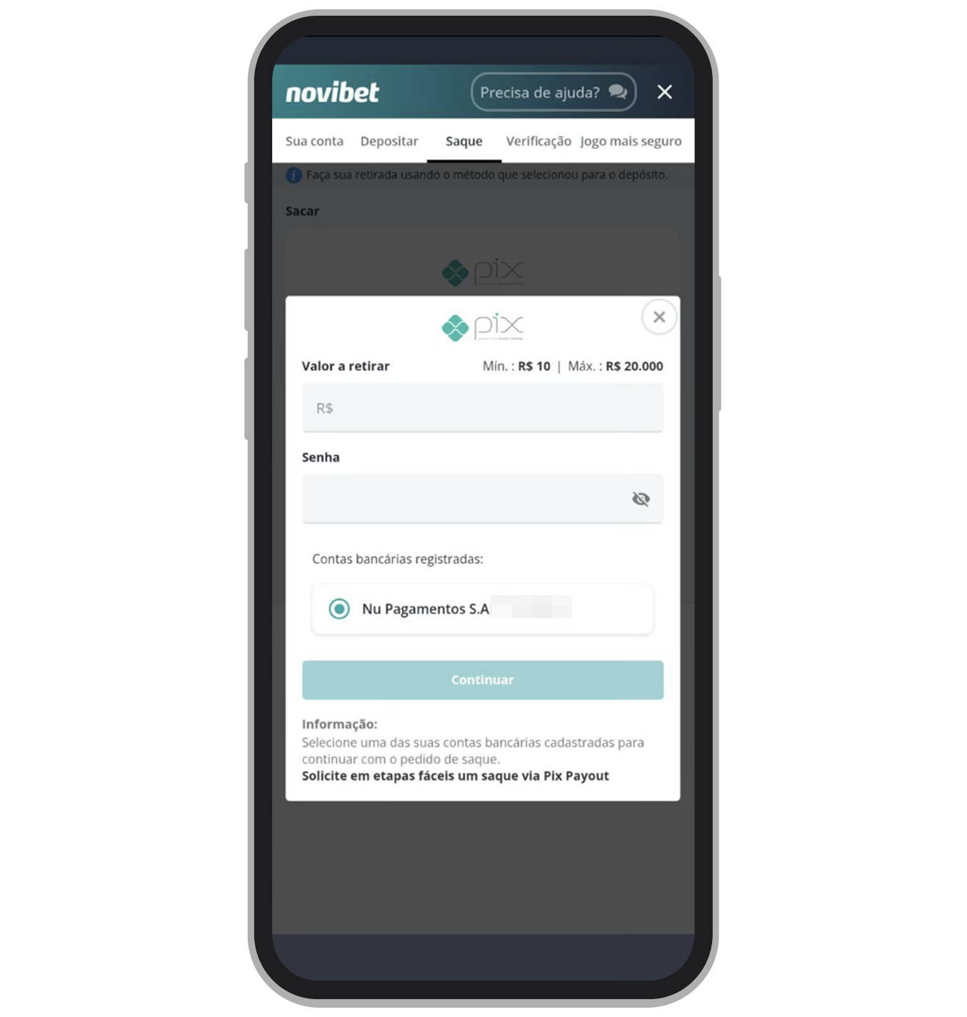 Escolha uma das contas disponíveis, digite o valor e clique em Continuar 