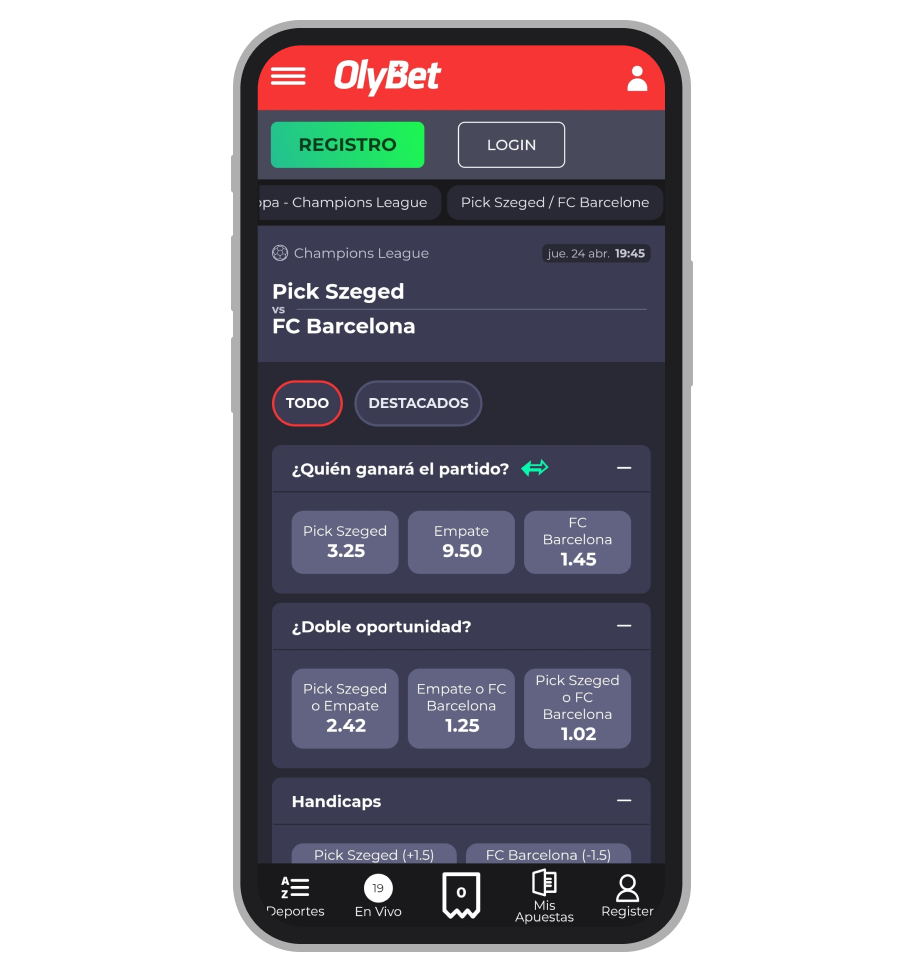Página de un partido de balonmano con Cash Out