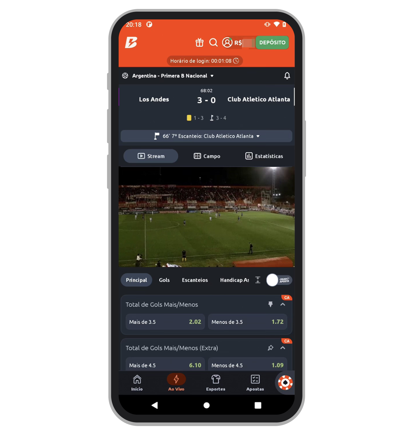 Transmissão ao vivo no app da Betano