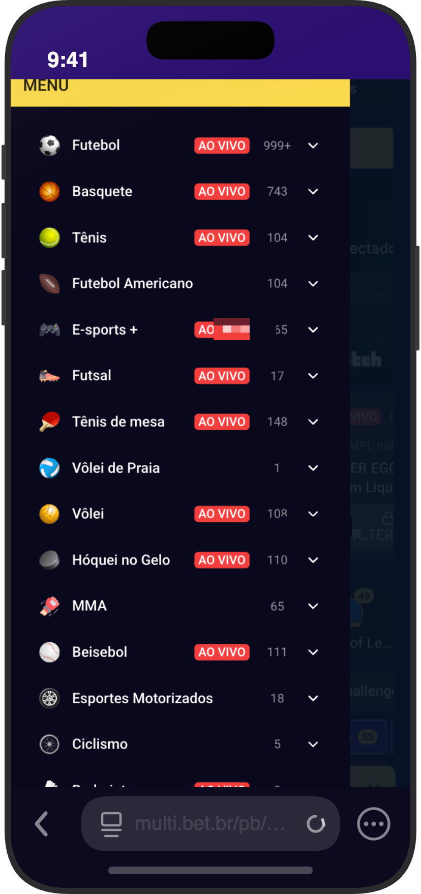 Menu completo de modalidades esportivas da Multibet com futebol, basquete, tênis, MMA e e-sports