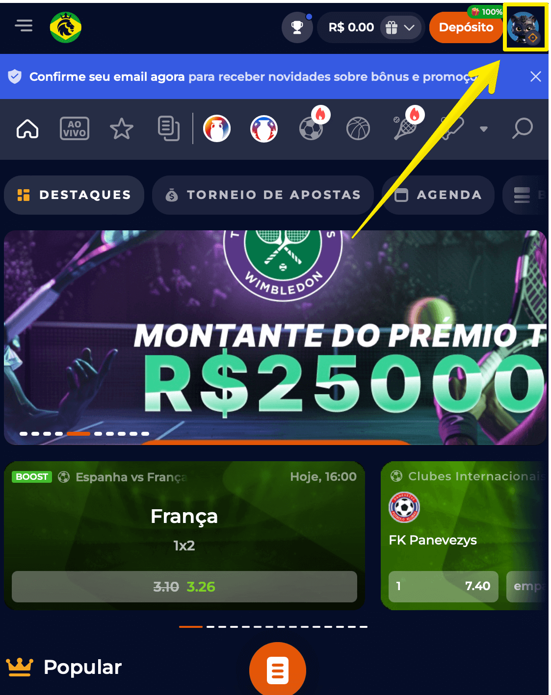 Acesse o menu da conta