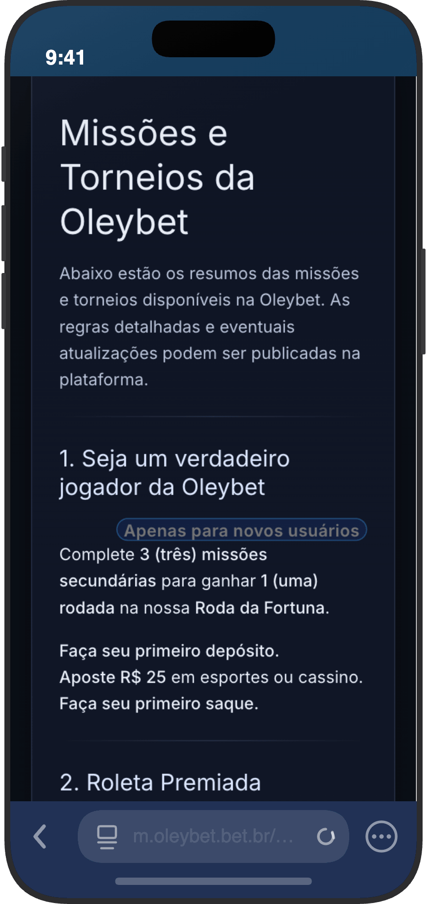 Página de missões do cassino OleyBet com desafio para novos usuários e regras da Roleta Premiada