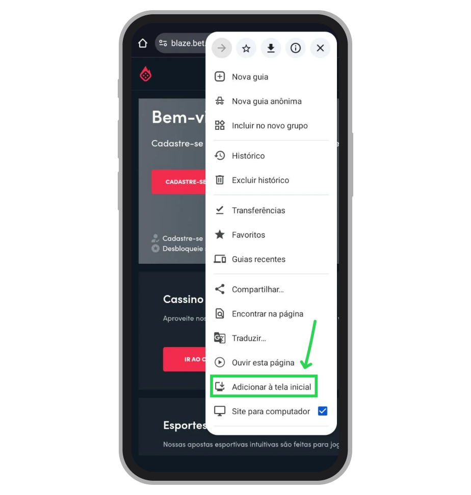 Abra o menu de configurações do navegador para selecionar a opção "Adicionar à tela inicial" 