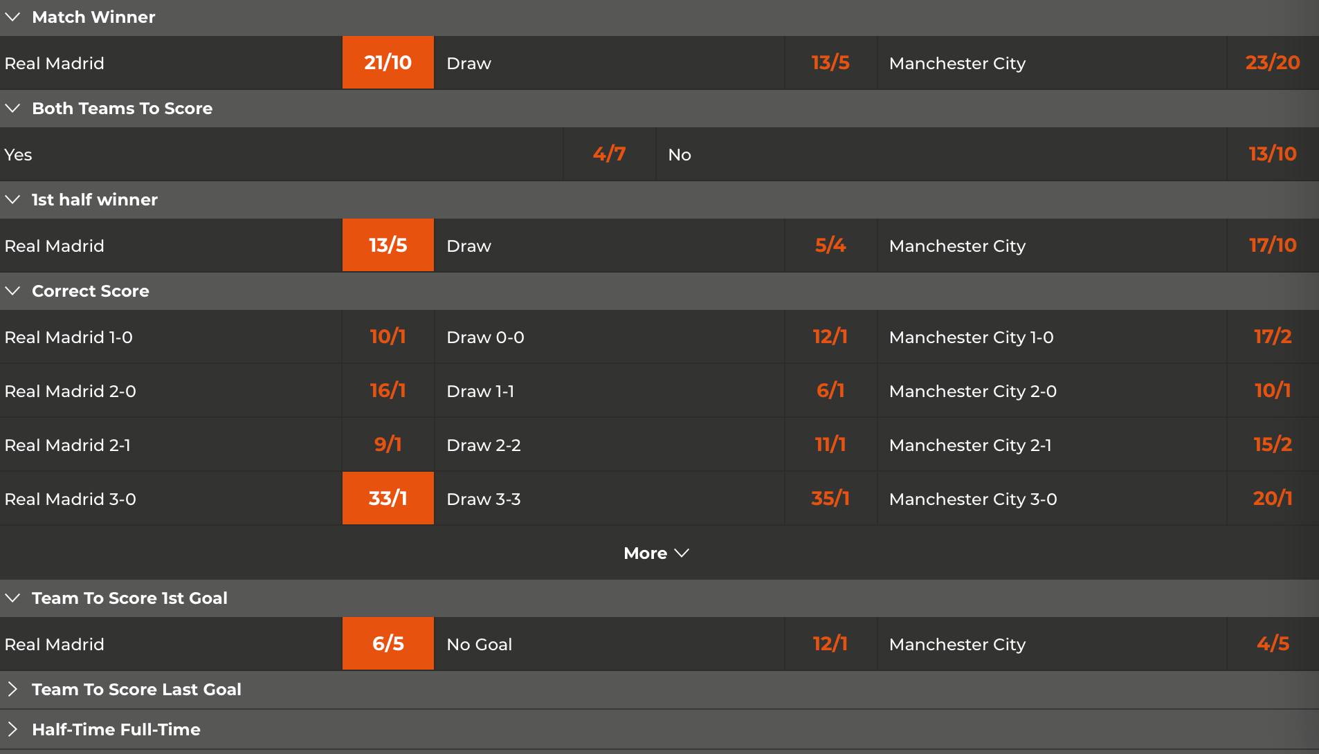 Choose the game and the betting markets