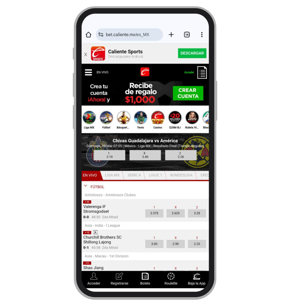 El botón para descargar la app en el sitio web de Caliente