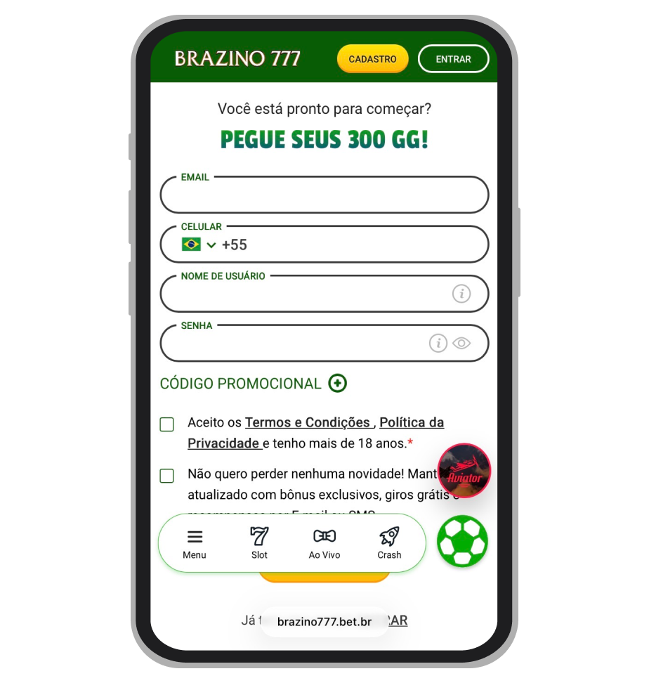Formulário de cadastro da Brazino777