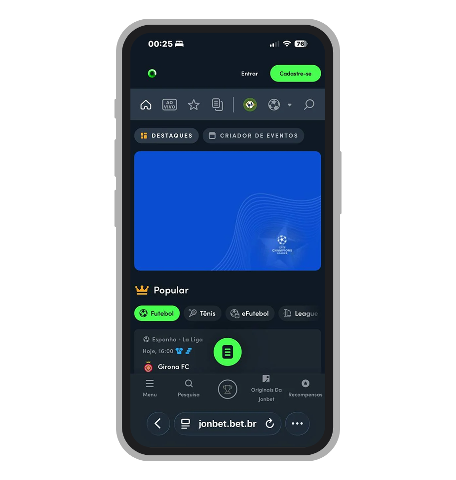 Página inicial da Jonbet com menu de esportes, jogos ao vivo e saldo da conta