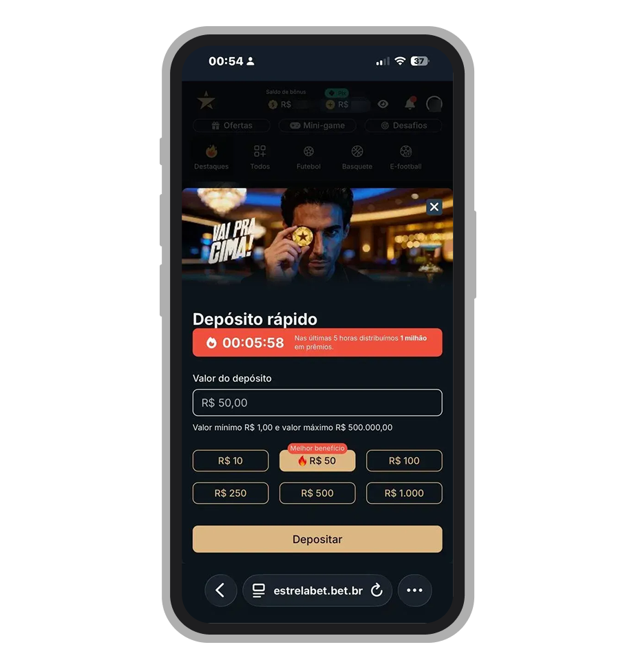 Tela para inserir o valor do depósito na EstrelaBet