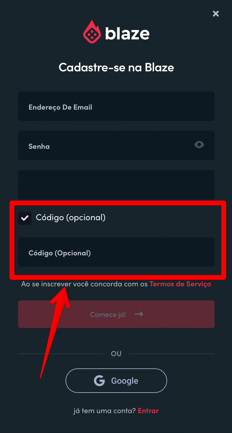 Você pode inserir o código promocional no inicio do processo de cadastro