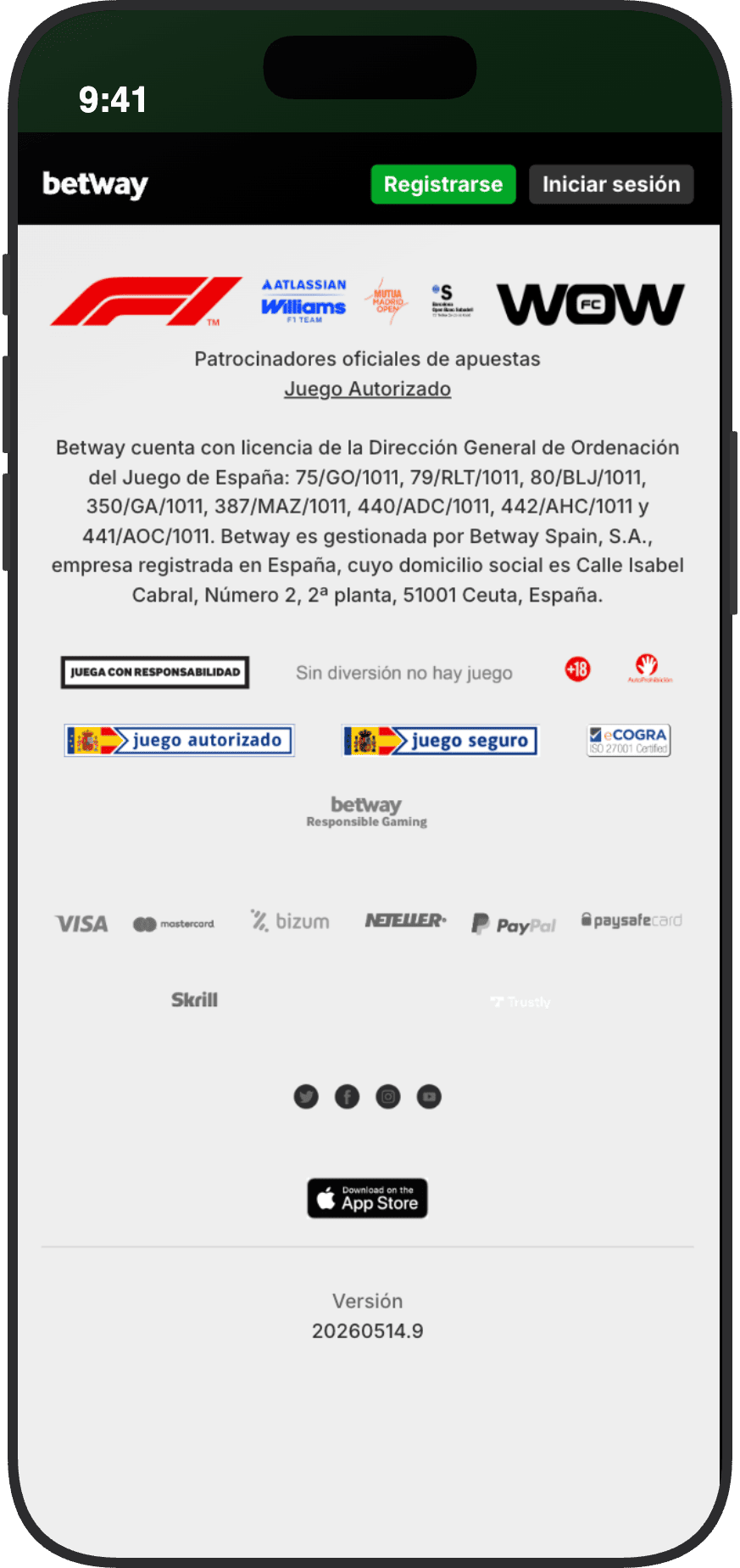 Pie de página del sitio de Betway España con licencias de la Dirección General de Ordenación del Juego y métodos de pago