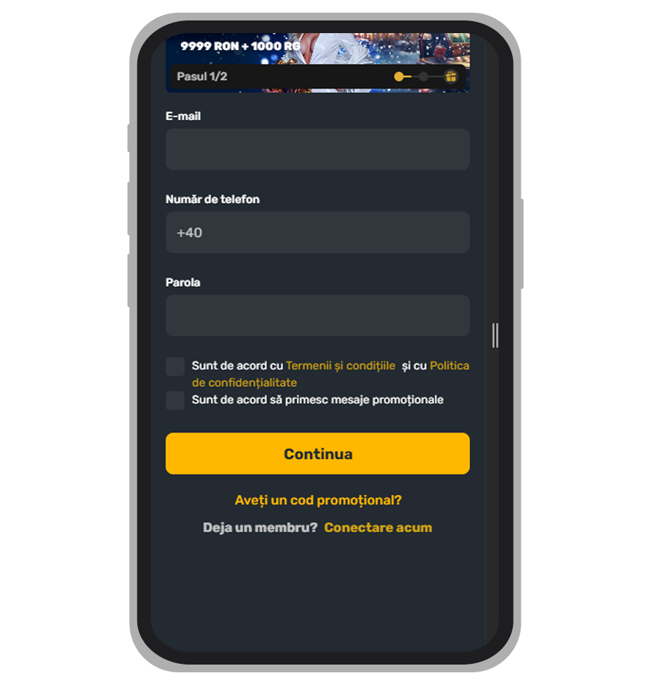 Formularul principal de înregistrare la Prima Casino