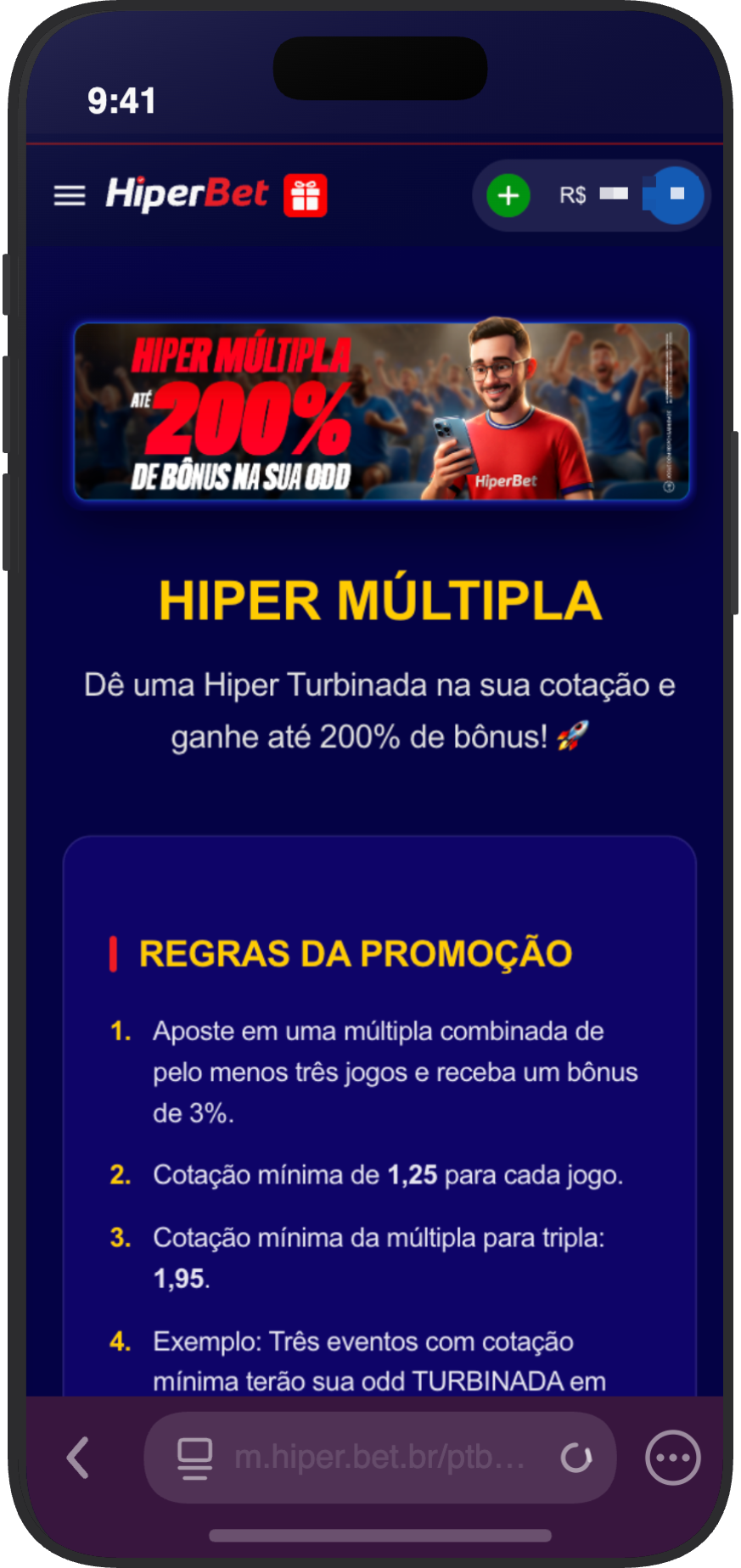Regras da Hiper Múltipla: mínimo 3 jogos, odd mínima 1.25 por seleção, cotação combinada mínima 1.95