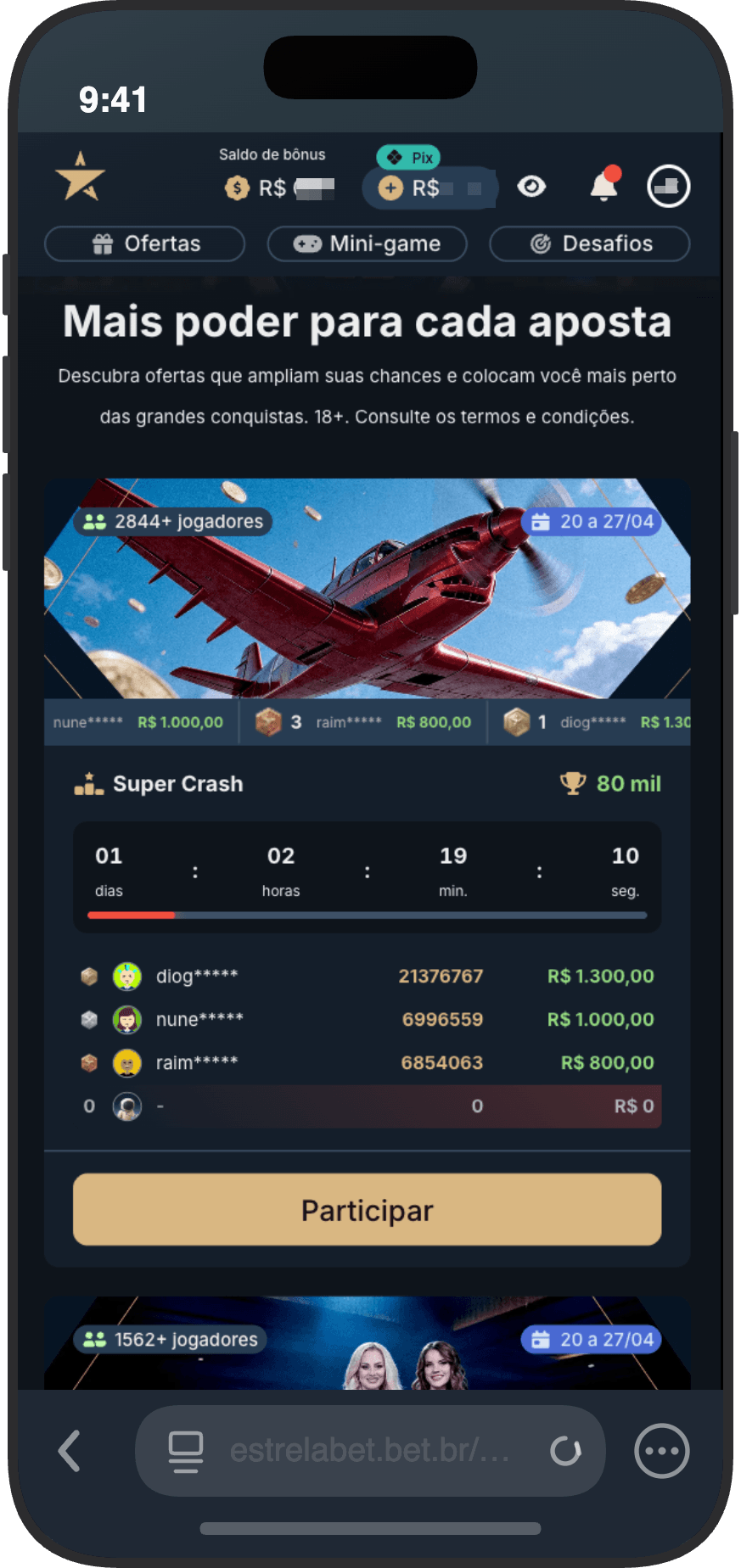 Página de ofertas e torneios da EstrelaBet com Super Crash e prêmios