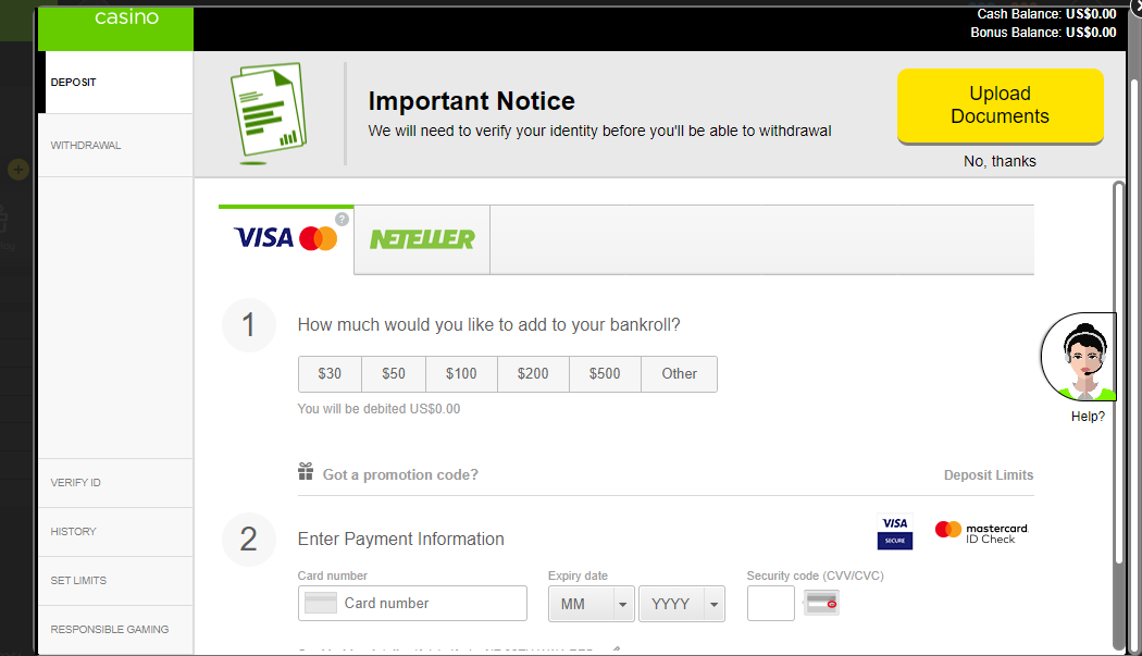 Choose your desired deposit method and amount