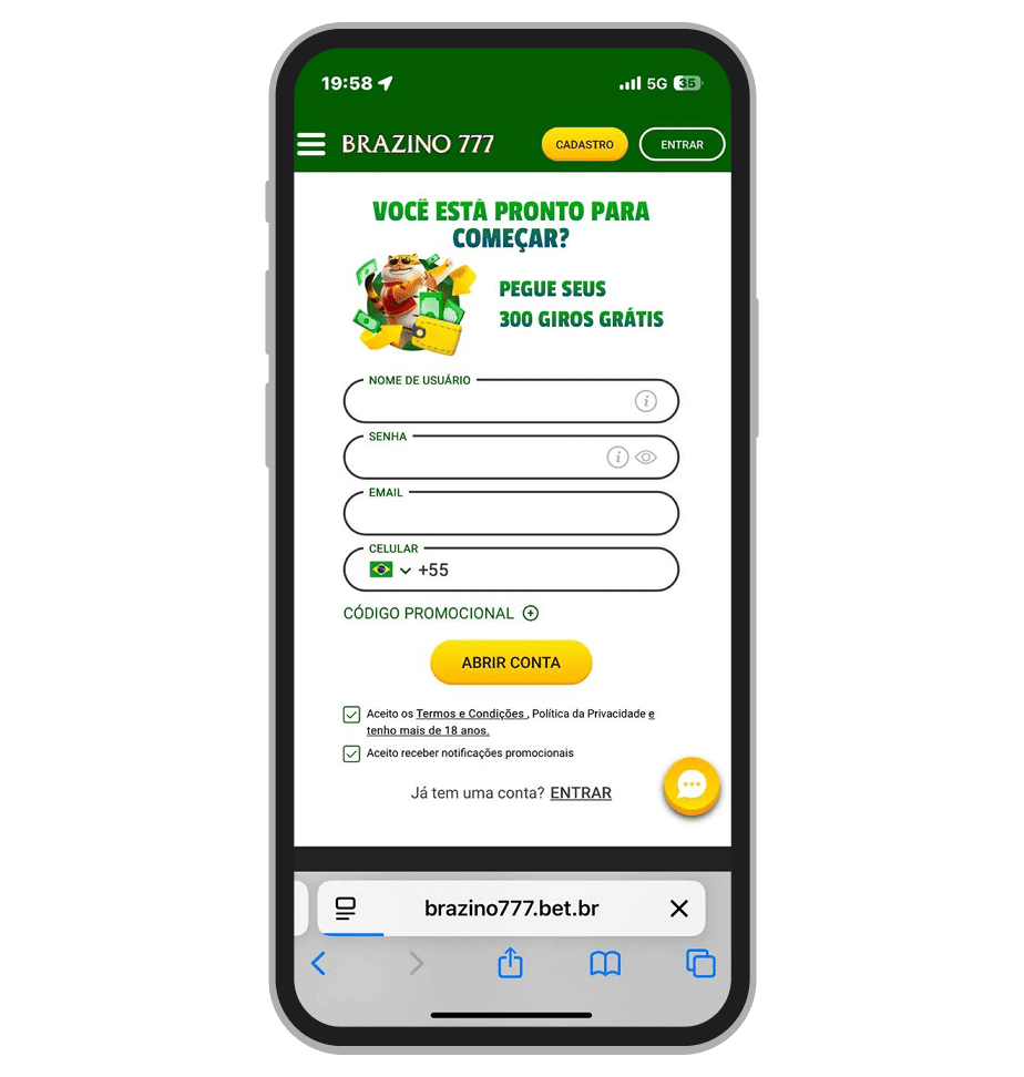 A tela de cadastro no site Brazino777