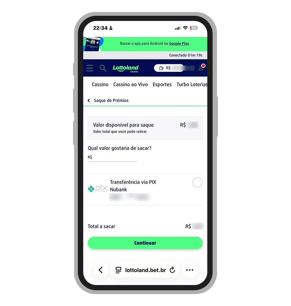 Tela de saque na Lottoland com valor disponível e transferência via Pix