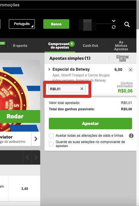 Aposta mínima na Betway