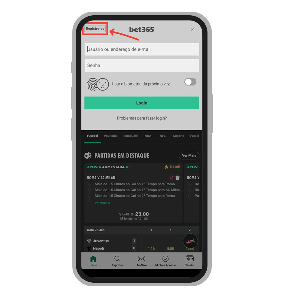 Tela de login da Bet365 no celular para acessar a conta no Brasil
