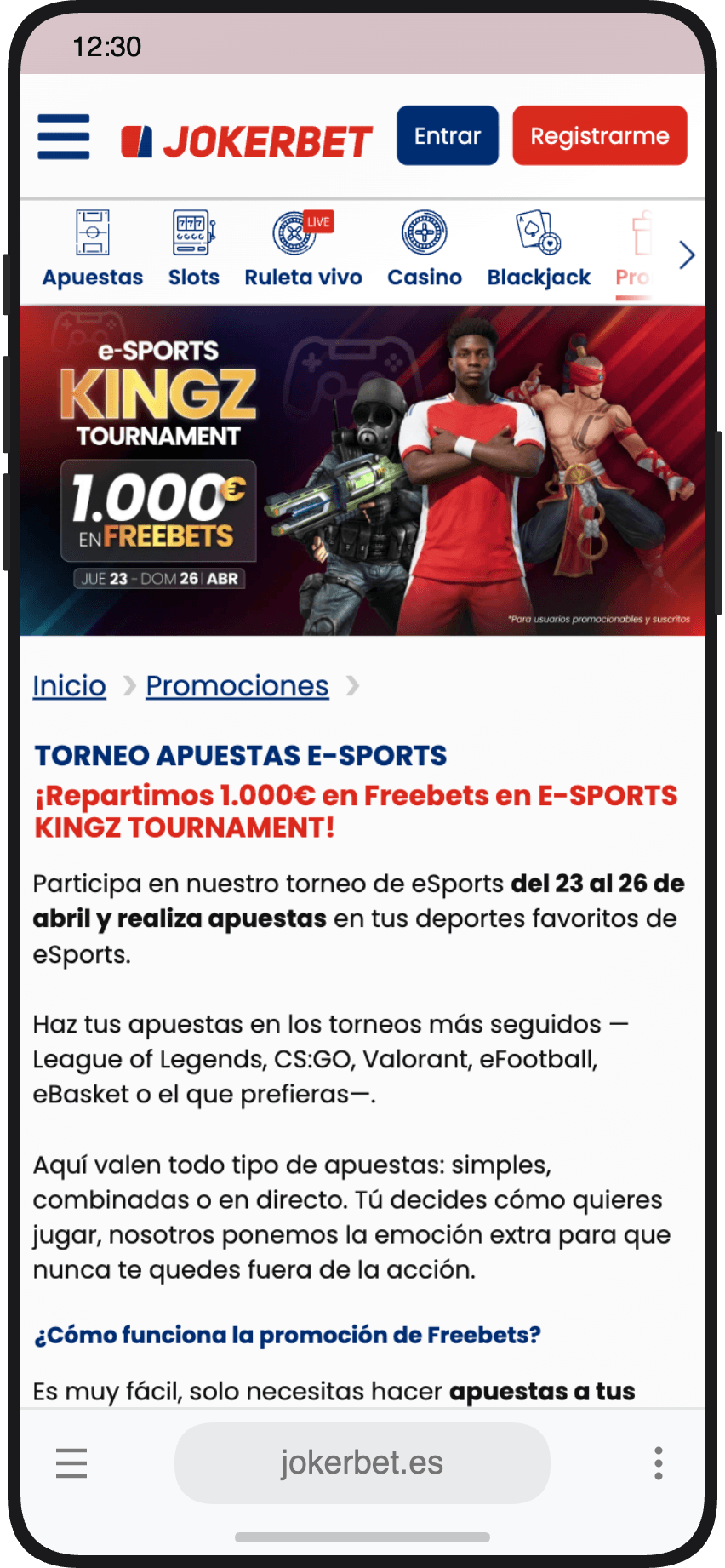 Página de la promoción del torneo E-Sports Kingz Tournament con 1000€ en freebets en JOKERBET