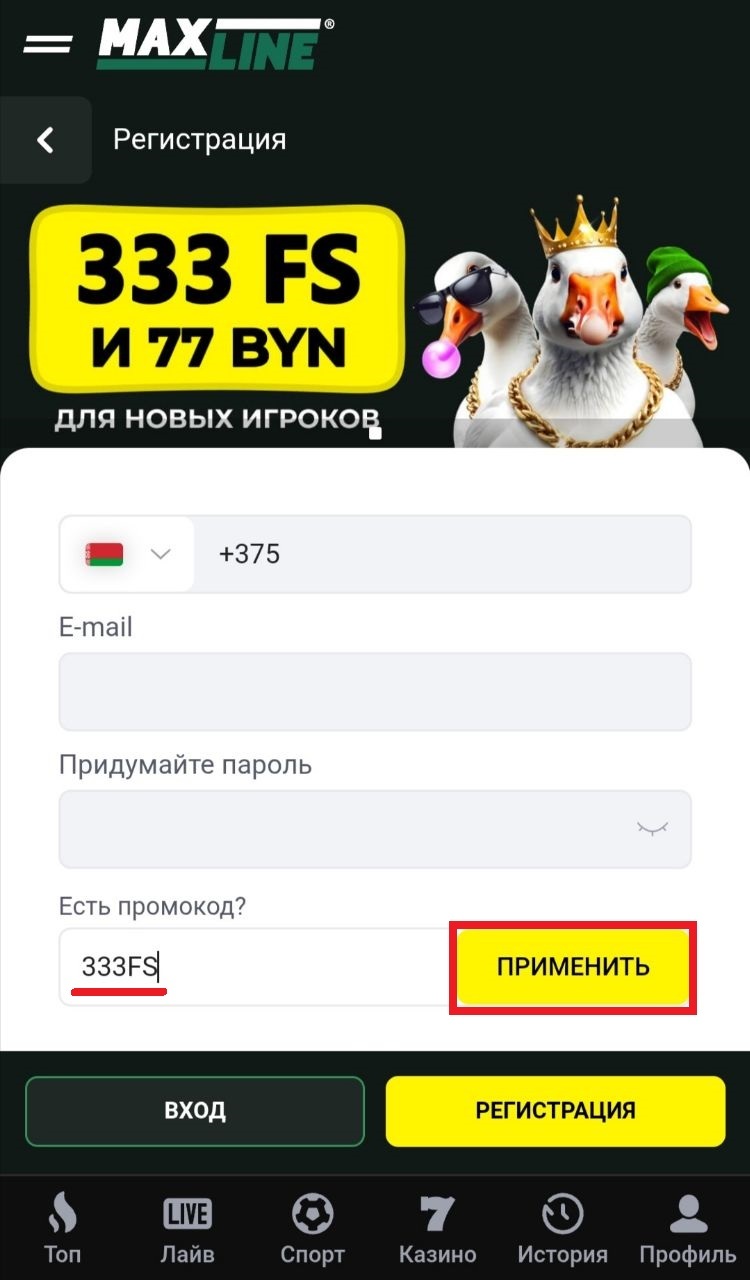 Ввод промокода при регистрации