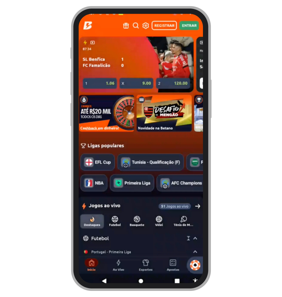 Tela inicial do app da Betano