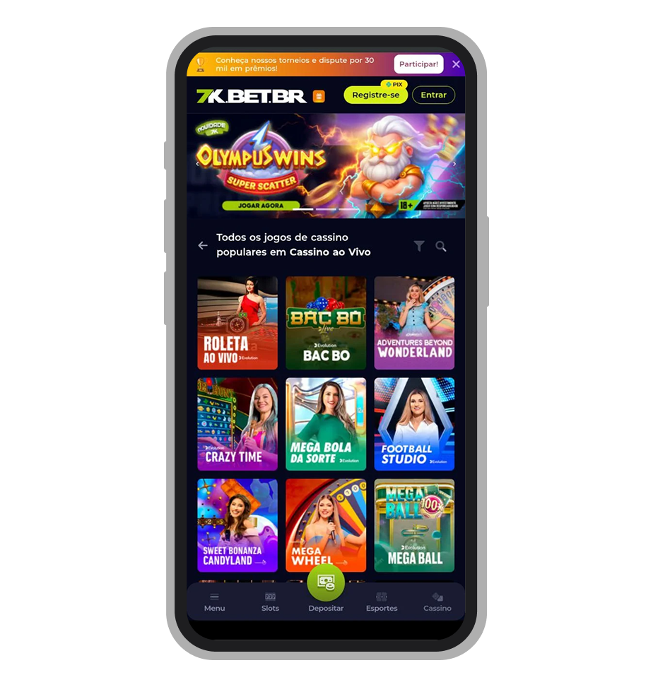 A tela inicial da 7K app para Android