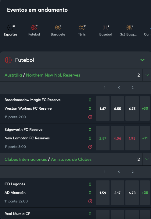 Seção ‘Ao Vivo’ no site do Sportsbet