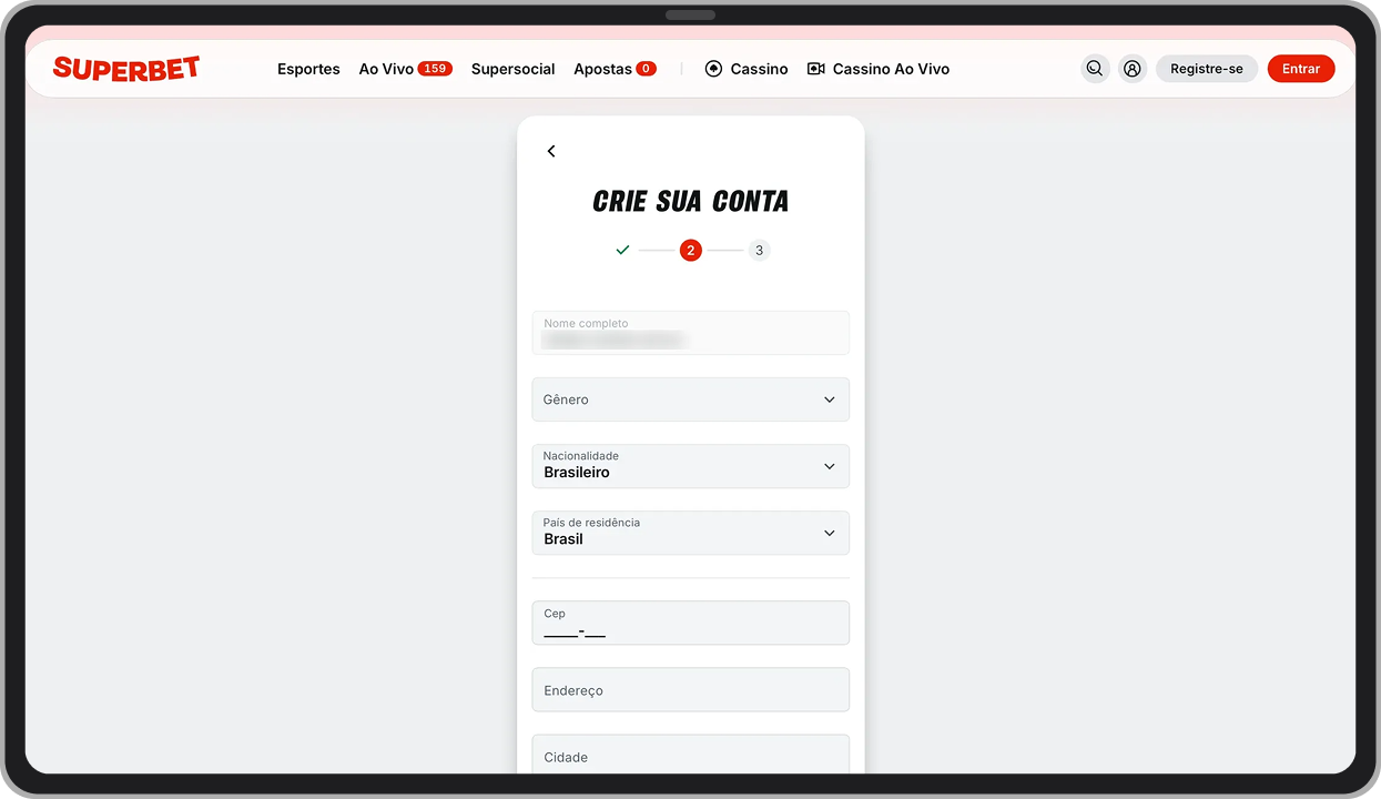 Preencha o formulário principal de registro na Superbet