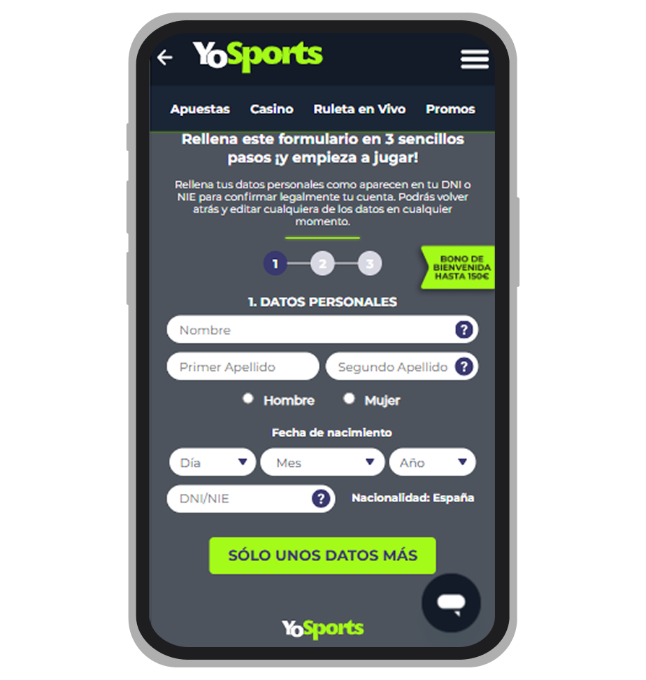 Pantalla de registro en YoSports