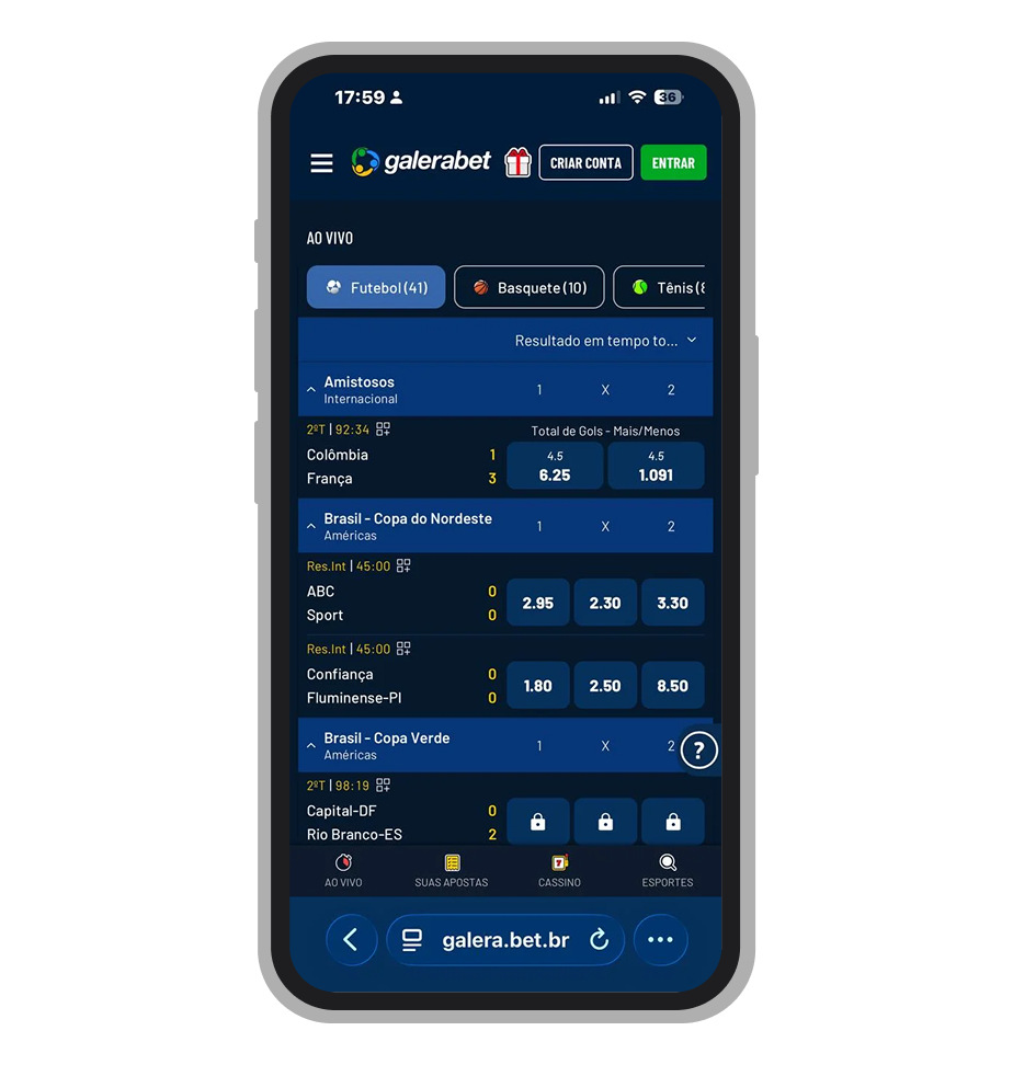 Seção de esportes no site da Galera.bet