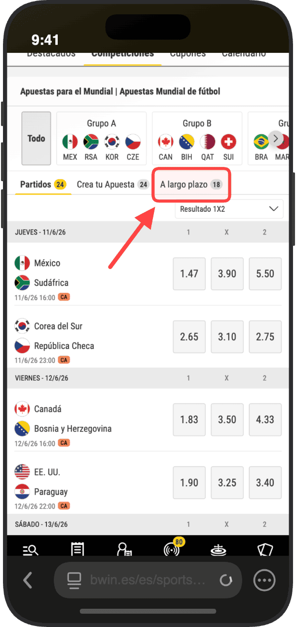 Partidos del Mundial 2026 en Bwin España con filtros por grupo, pestaña A largo plazo y cuotas 1X2 de los primeros partidos