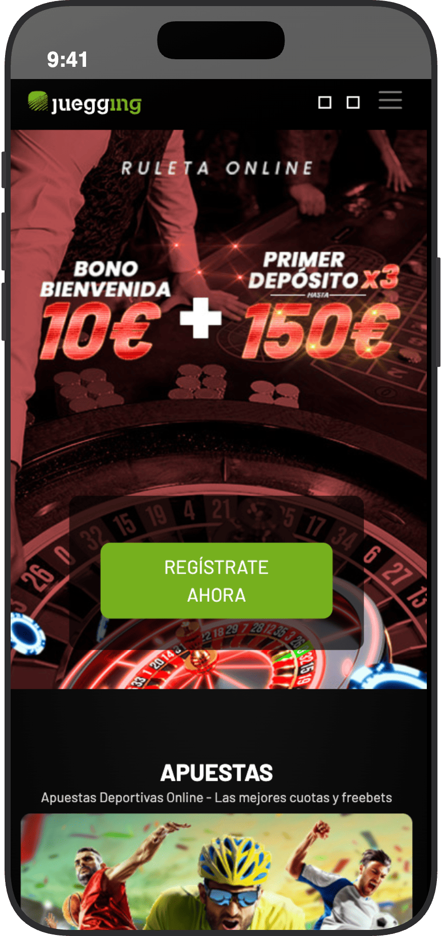 Página principal de Juegging con bono de bienvenida de ruleta online y sección de apuestas deportivas