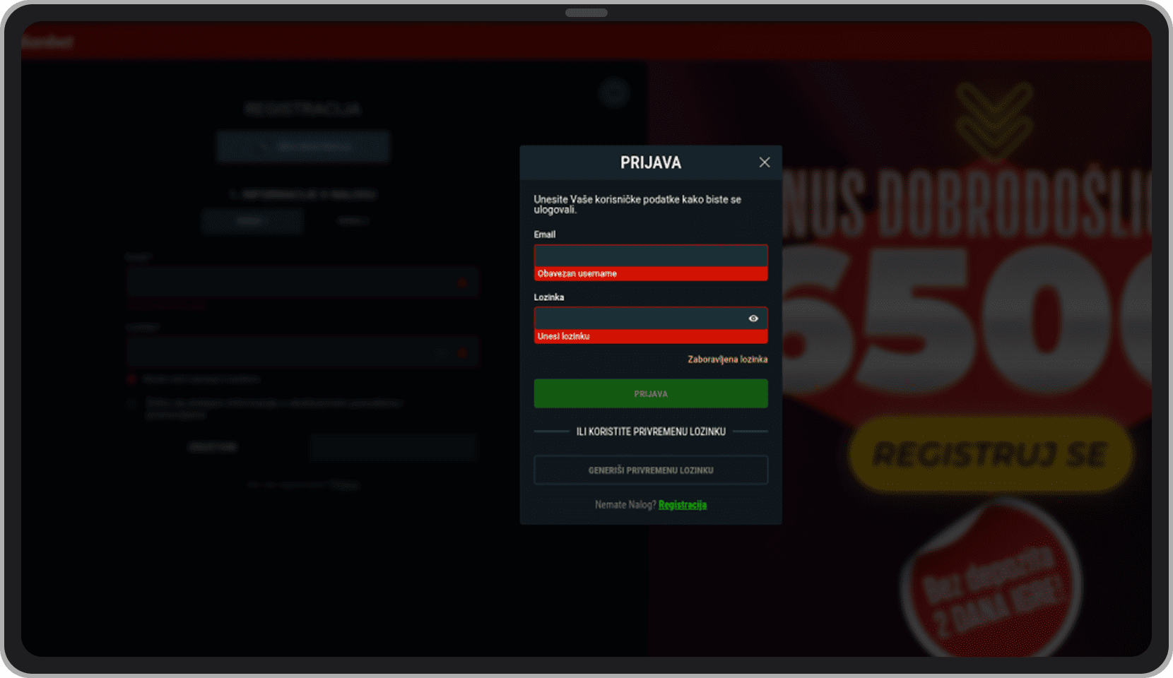 MeridianBet prijava naloga