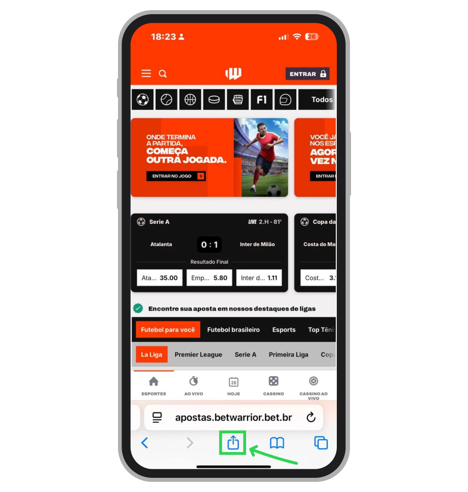 Toque no ícone de "Compartilhamento" na barra inferior para abrir o menu de ferramentas