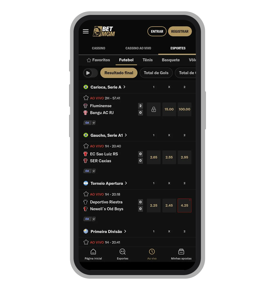 A seção de apostas ao vivo 