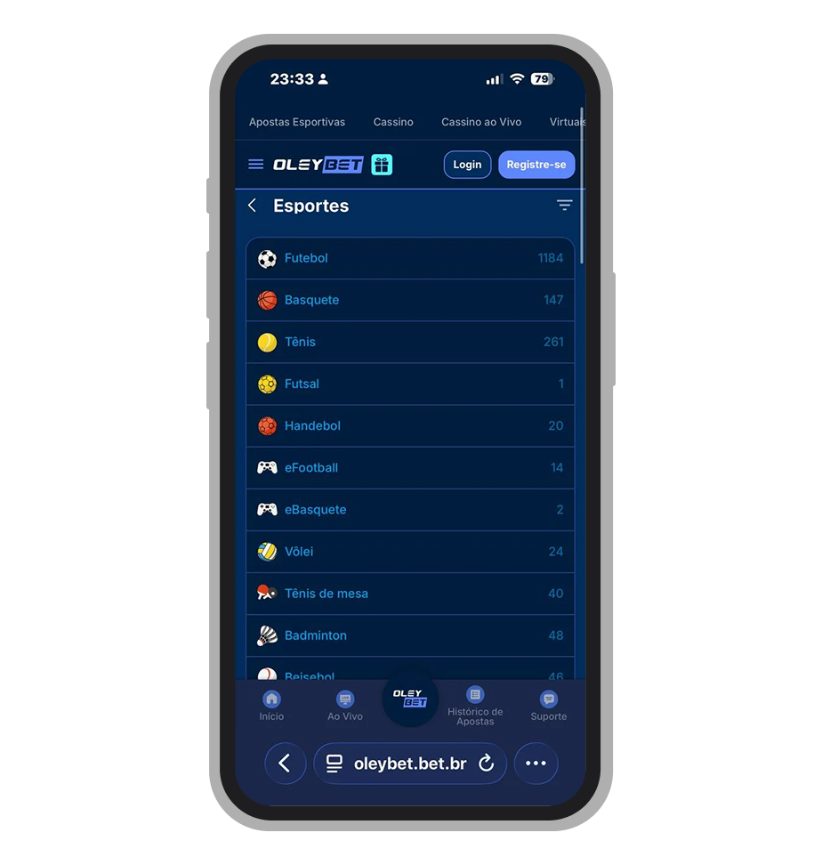 Menu lateral da OleyBet com lista de esportes disponíveis e contagem de eventos por modalidade