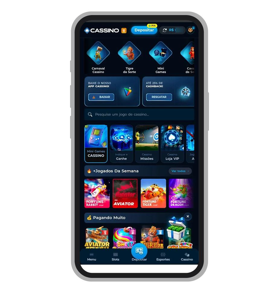 Tela inicial no app Android Cassino.bet