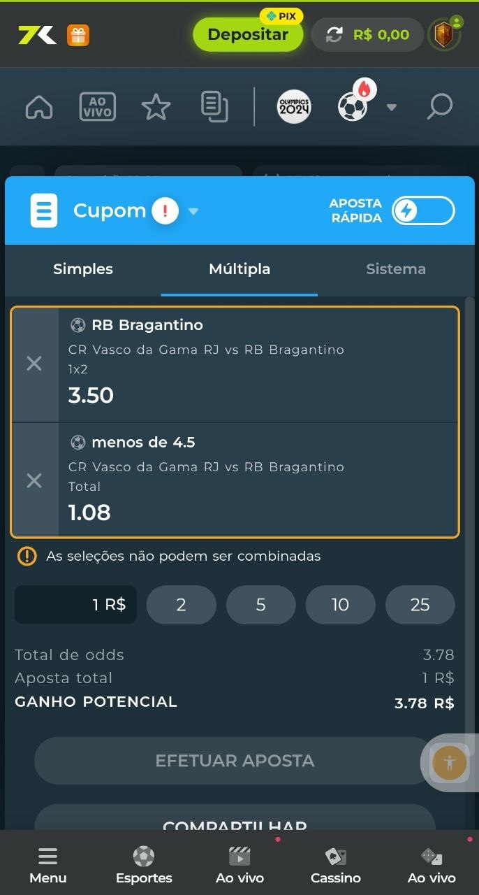 Uma aposta feita na plataforma Bet7k
