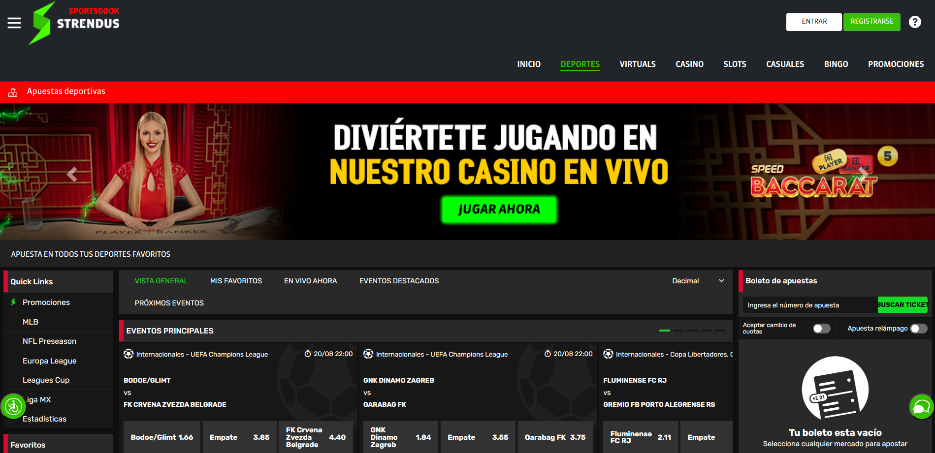 Página de sportsbook inicial