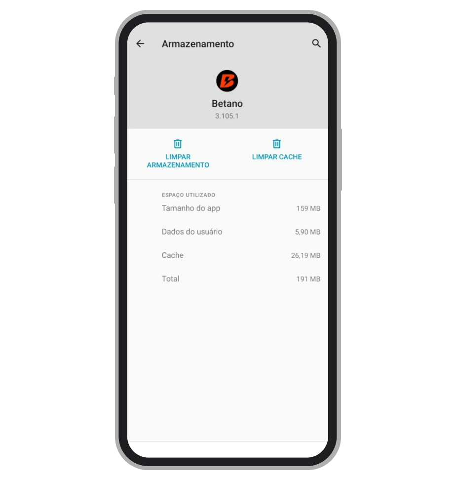 O app da Betano não ocupa muito espaço na memória do celular