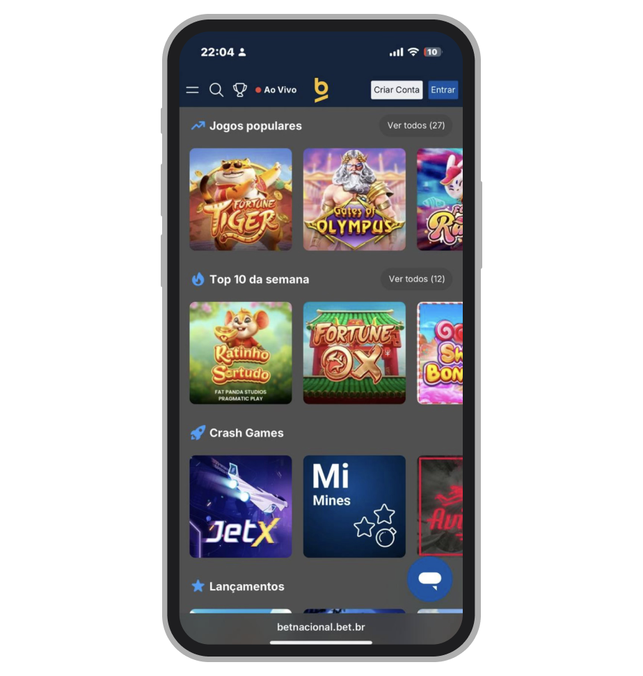 A seção de slots no site da plataforma