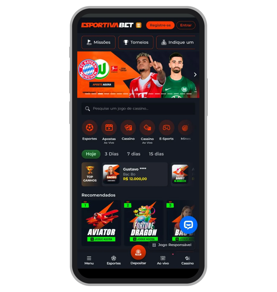 Tela inicial do aplicativo Esportiva.bet 
