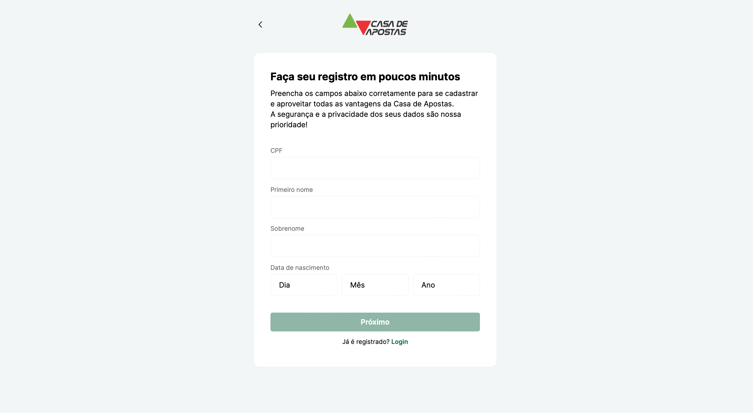 O primeiro passo de registro